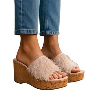 Comfort 7 Platform Pink Fringe Women's Sandal Shoe 3 Inch Cork Heel